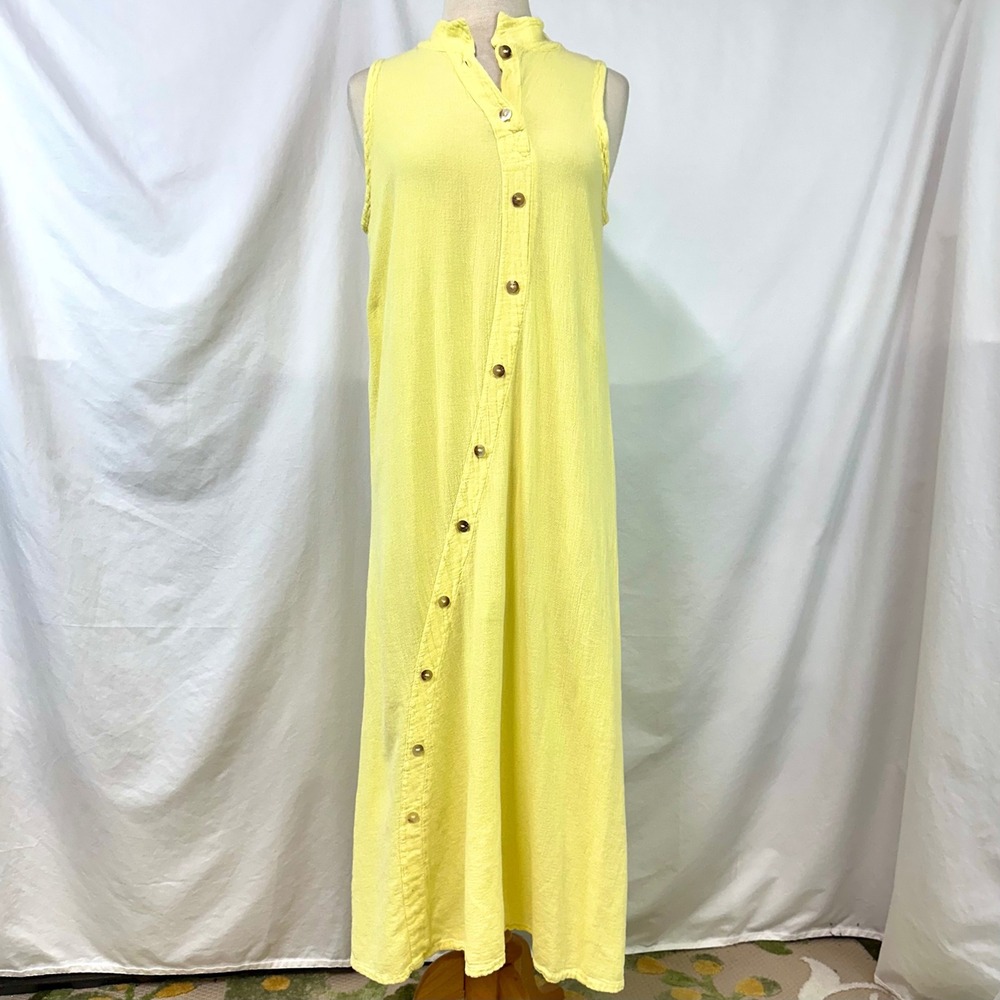COTTONWAYS Yelllow 100% Cotton Gauze Asymmetrical Maxi Shirt Dress Women's 1 S/M
